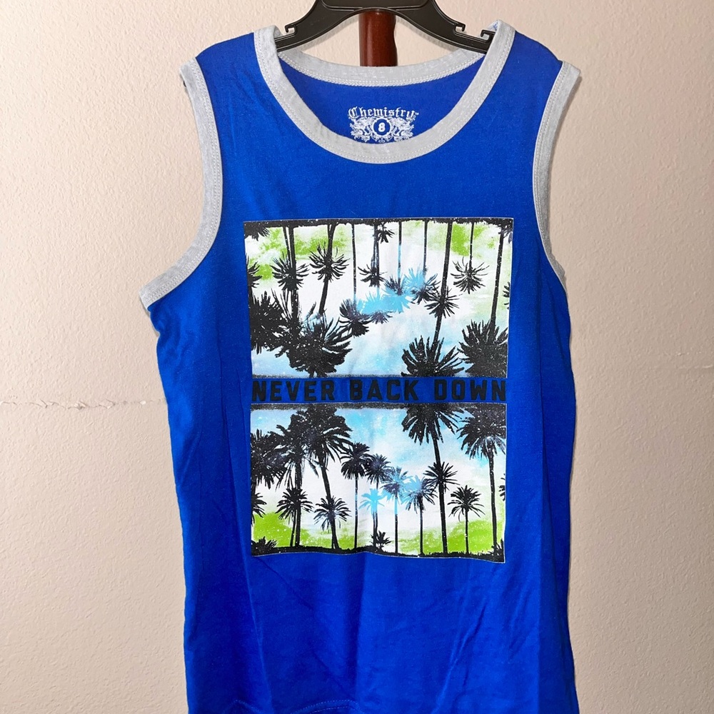 Chemistry Kids Vibrant Blue Tank Top with Palm Print